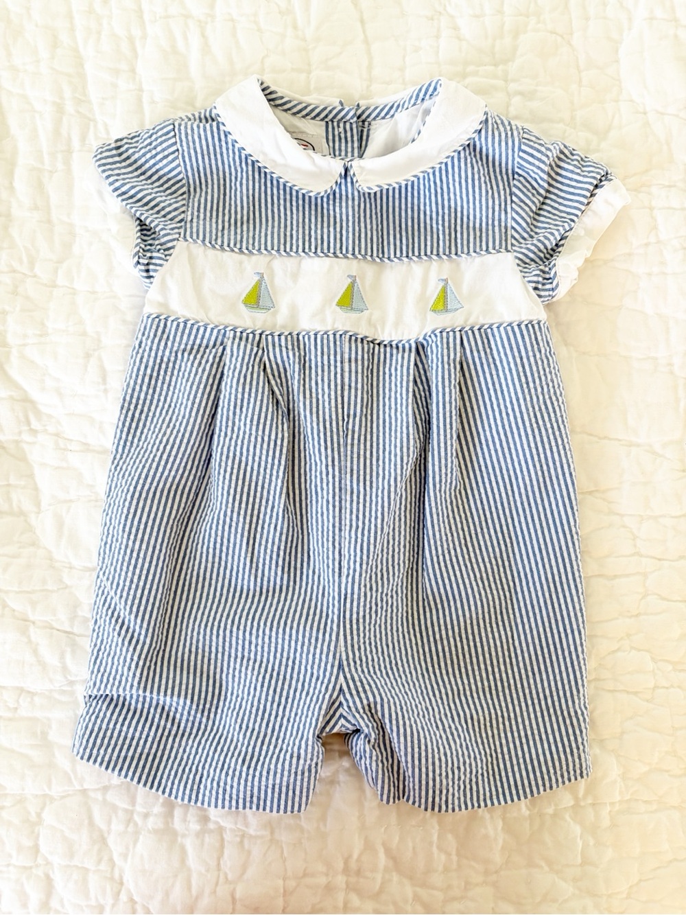 9m • vintage Talbots Blue seersucker Baby Romper with Sailboat Embroidery